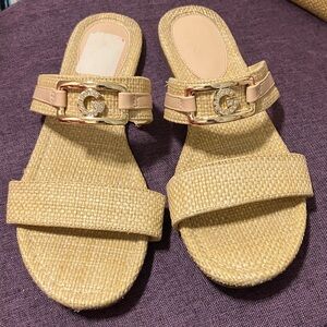 GBG Los Angeles Gold and Tan Slide Sandals